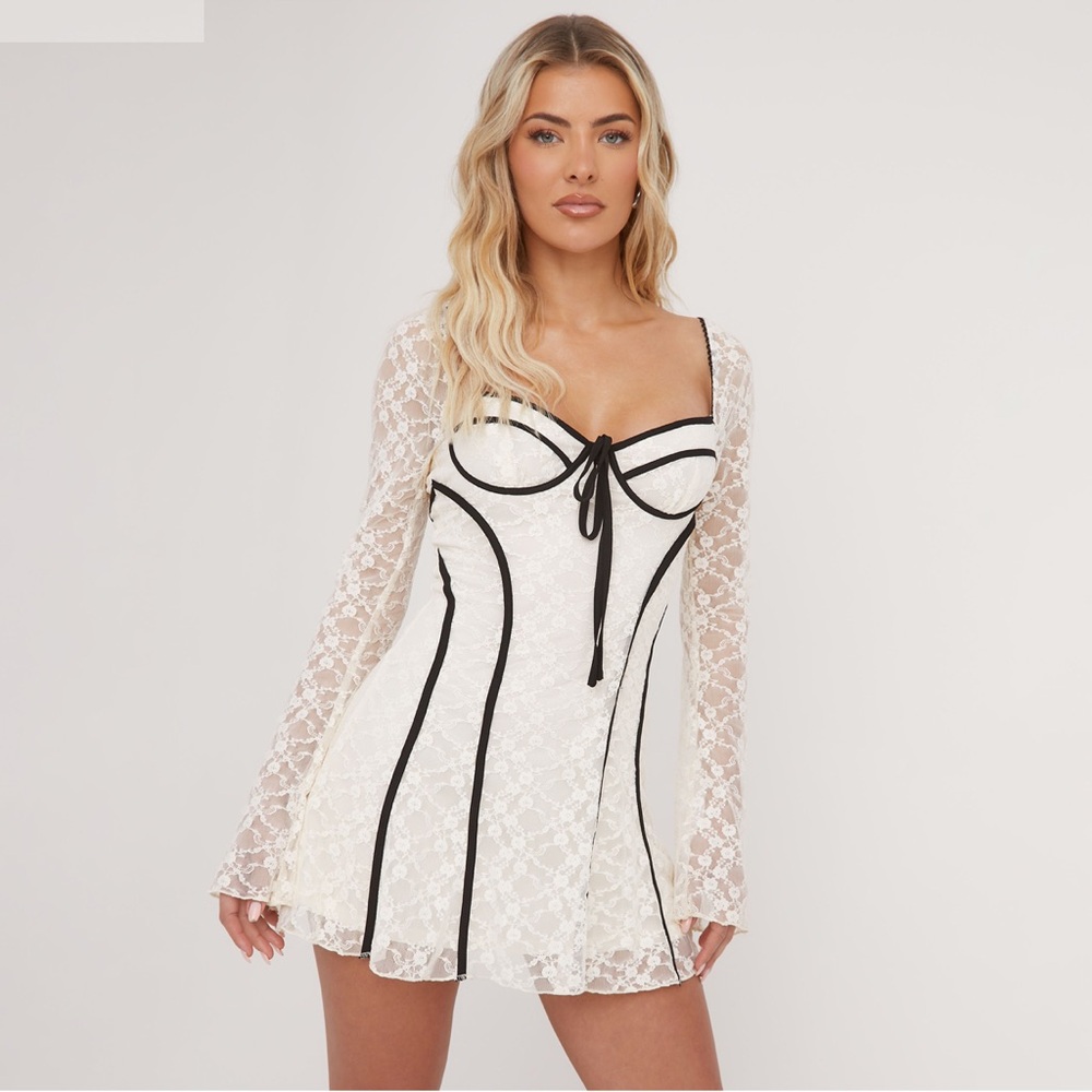 EGO White Lace Dress with Black Accents- perfect for Sabrina Carpenter